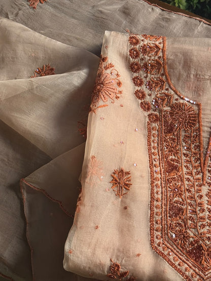 Peach Shade Noor Organza Silk Chikankari Unstitched Kurta Dupatta Set