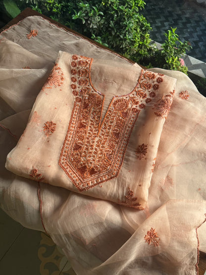 Peach Shade Noor Organza Silk Chikankari Unstitched Kurta Dupatta Set