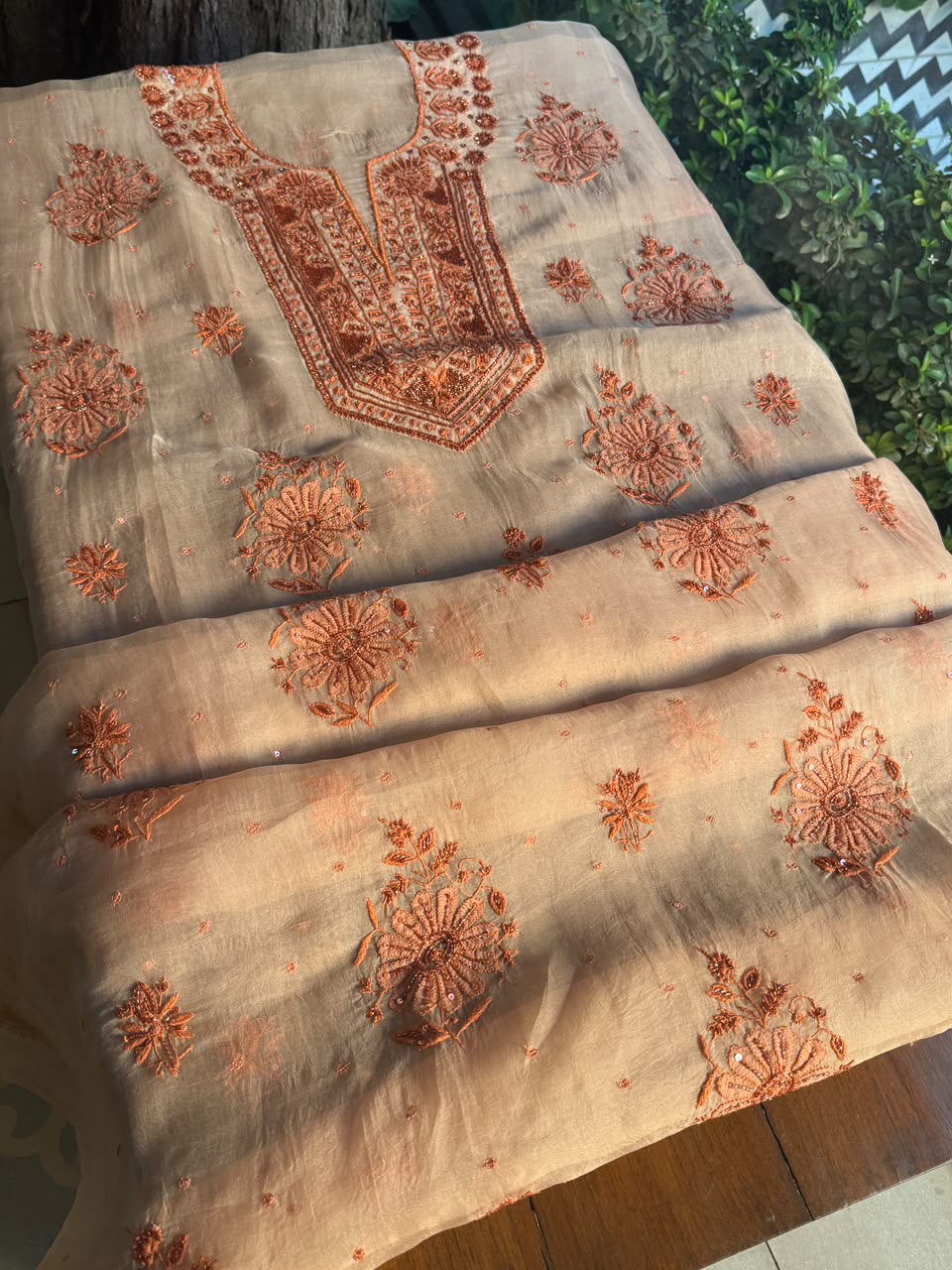 Peach Shade Noor Organza Silk Chikankari Unstitched Kurta Dupatta Set