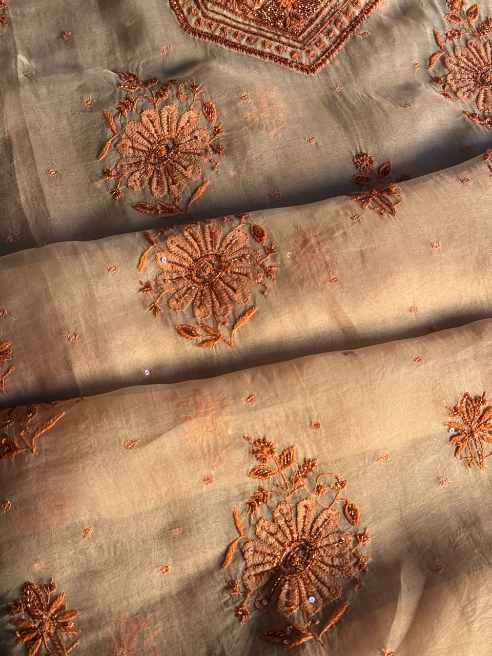 Peach Shade Noor Organza Silk Chikankari Unstitched Kurta Dupatta Set