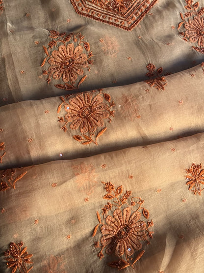 Peach Shade Noor Organza Silk Chikankari Unstitched Kurta Dupatta Set