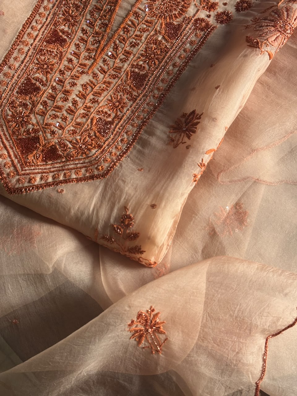 Peach Shade Noor Organza Silk Chikankari Unstitched Kurta Dupatta Set