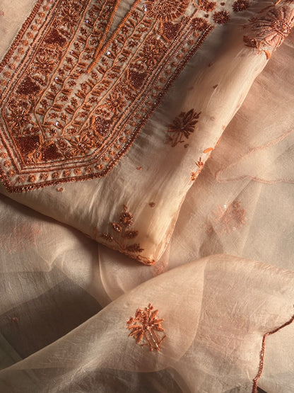 Peach Shade Noor Organza Silk Chikankari Unstitched Kurta Dupatta Set