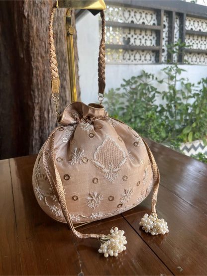 Peach Shade Raw Silk Chikankari Polti Bag