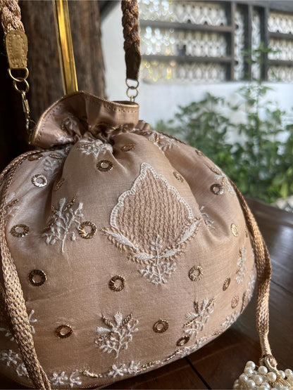 Peach Shade Raw Silk Chikankari Polti Bag