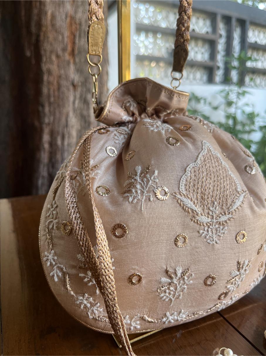 Peach Shade Raw Silk Chikankari Polti Bag
