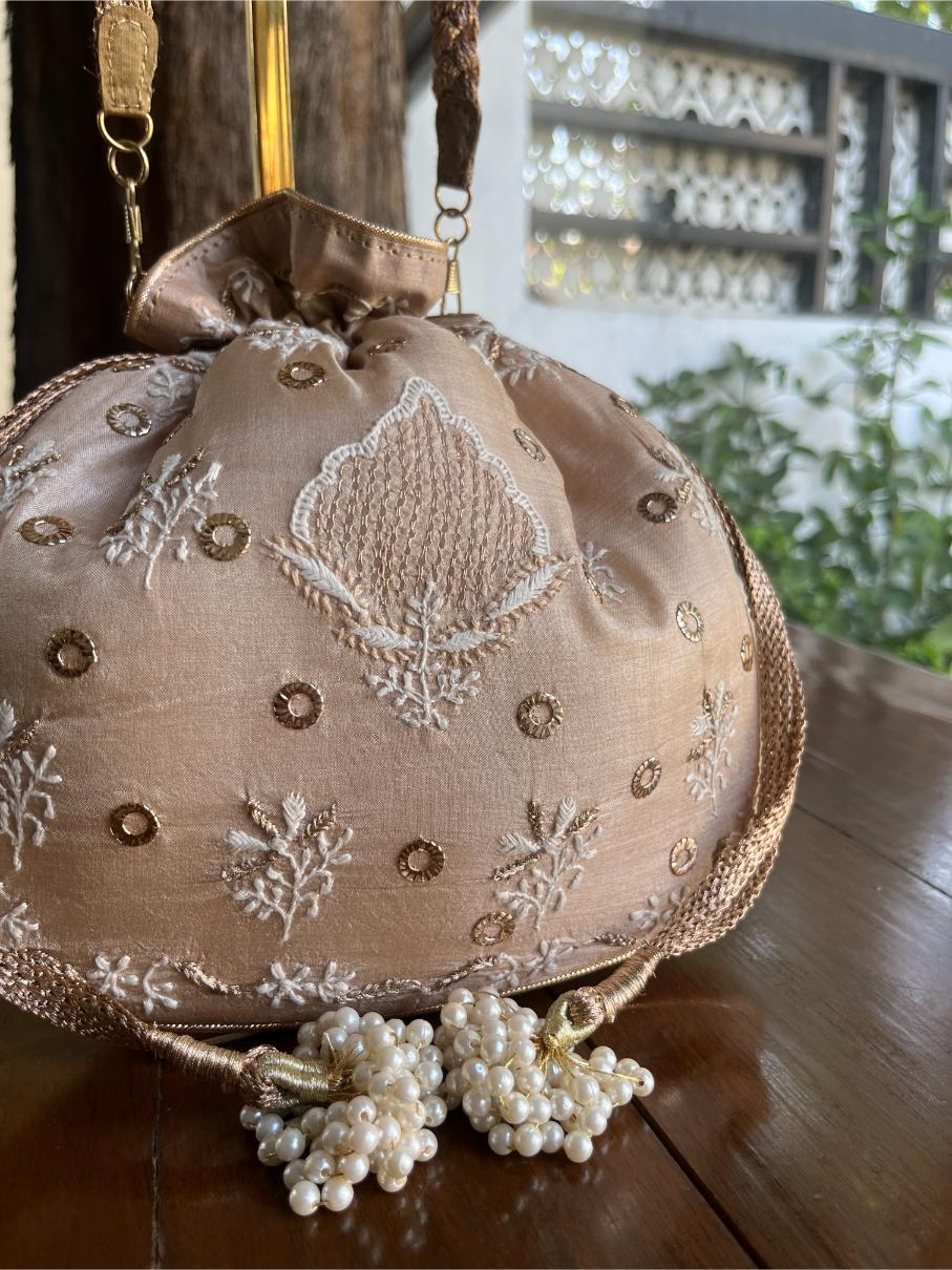 Peach Shade Raw Silk Chikankari Polti Bag