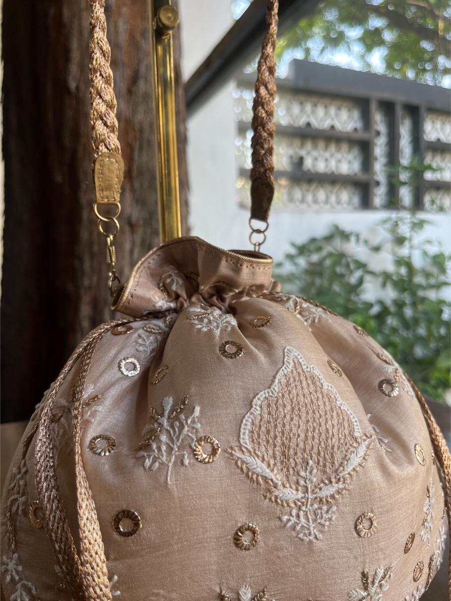 Peach Shade Raw Silk Chikankari Polti Bag