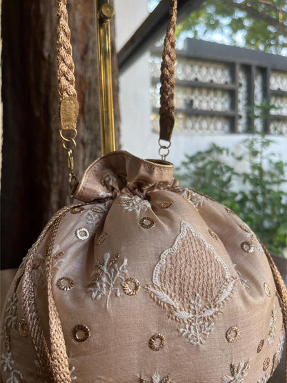Peach Shade Raw Silk Chikankari Polti Bag