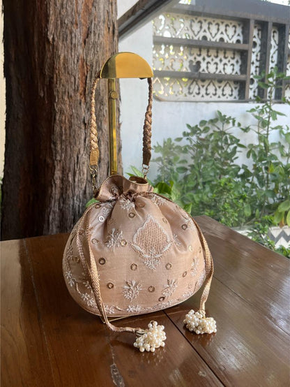 Peach Shade Raw Silk Chikankari Polti Bag