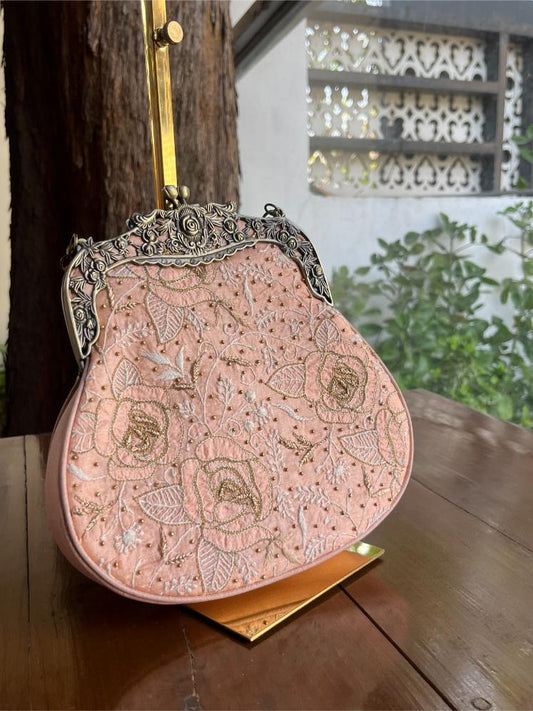 Peach Shade Rose Motif Vintage Ari Mukaish Sling Bags