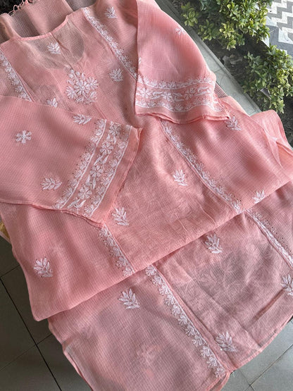 Peach Shade Semi Stitched Kota Tepchi Chikankari Kurta Dupatta Set