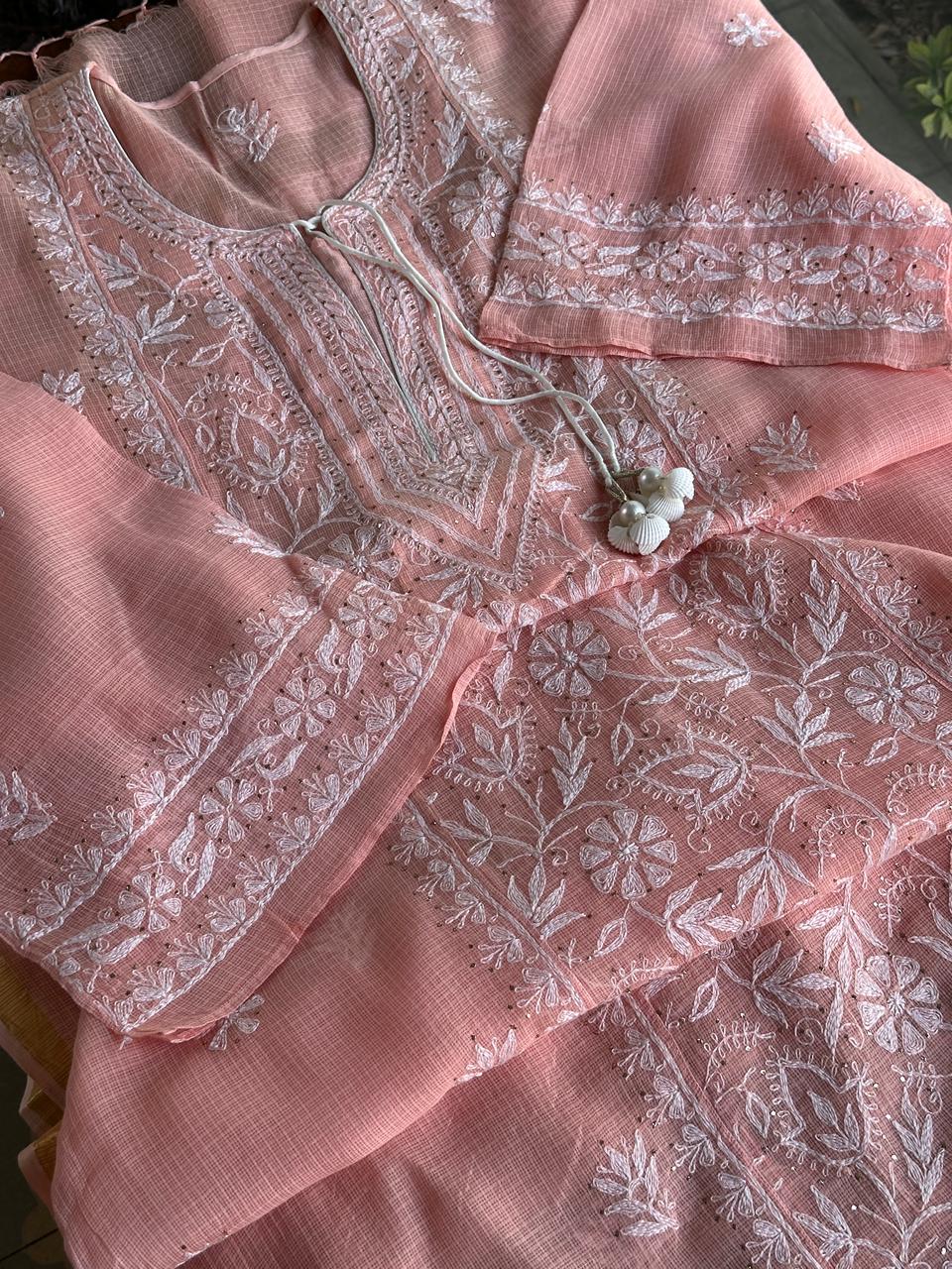 Peach Shade Semi Stitched Kota Tepchi Chikankari Kurta Dupatta Set