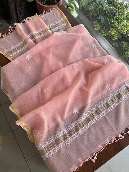 Peach Shade Semi Stitched Kota Tepchi Chikankari Kurta Dupatta Set