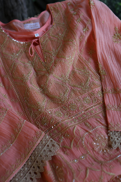 Peach Shade Sequins & Pearl Chikankari A-Line Kurta Set