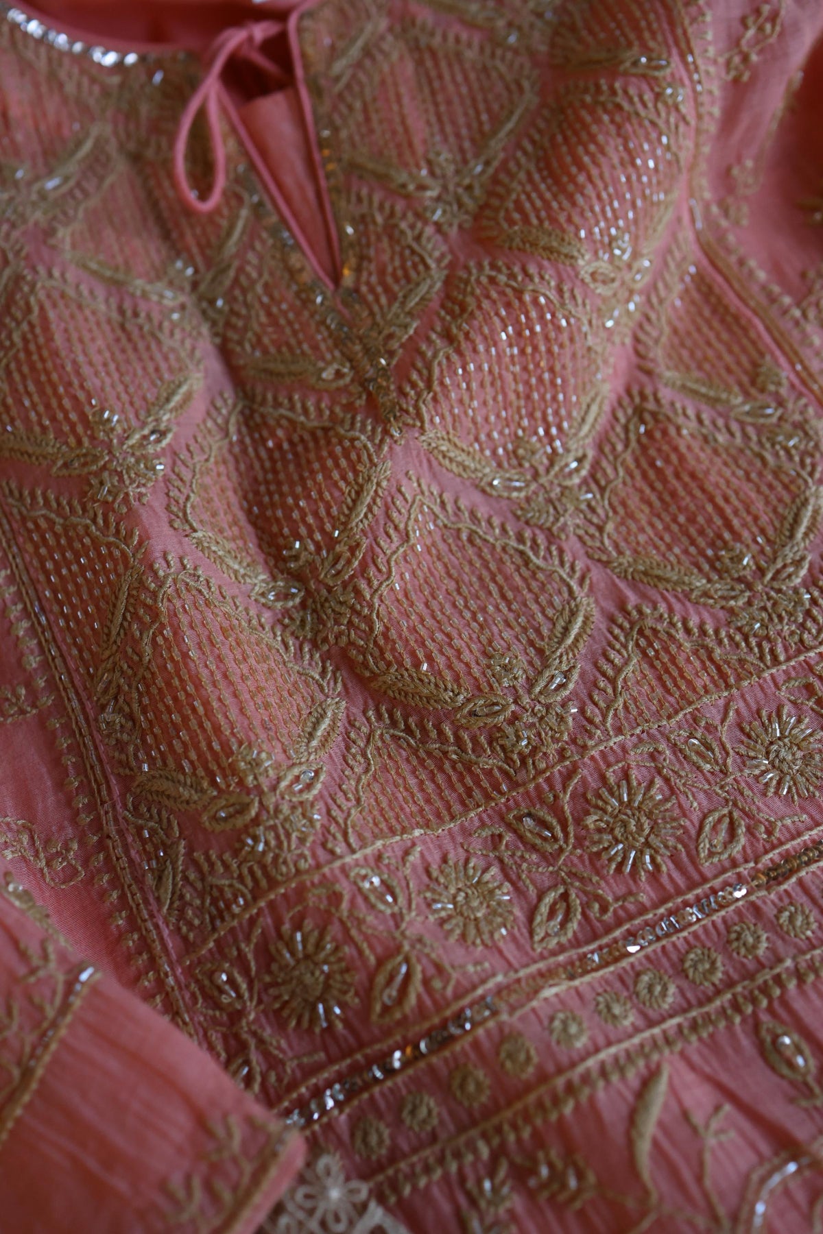 Peach Shade Sequins & Pearl Chikankari A-Line Kurta Set