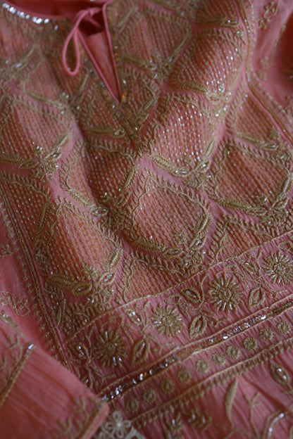 Peach Shade Sequins & Pearl Chikankari A-Line Kurta Set