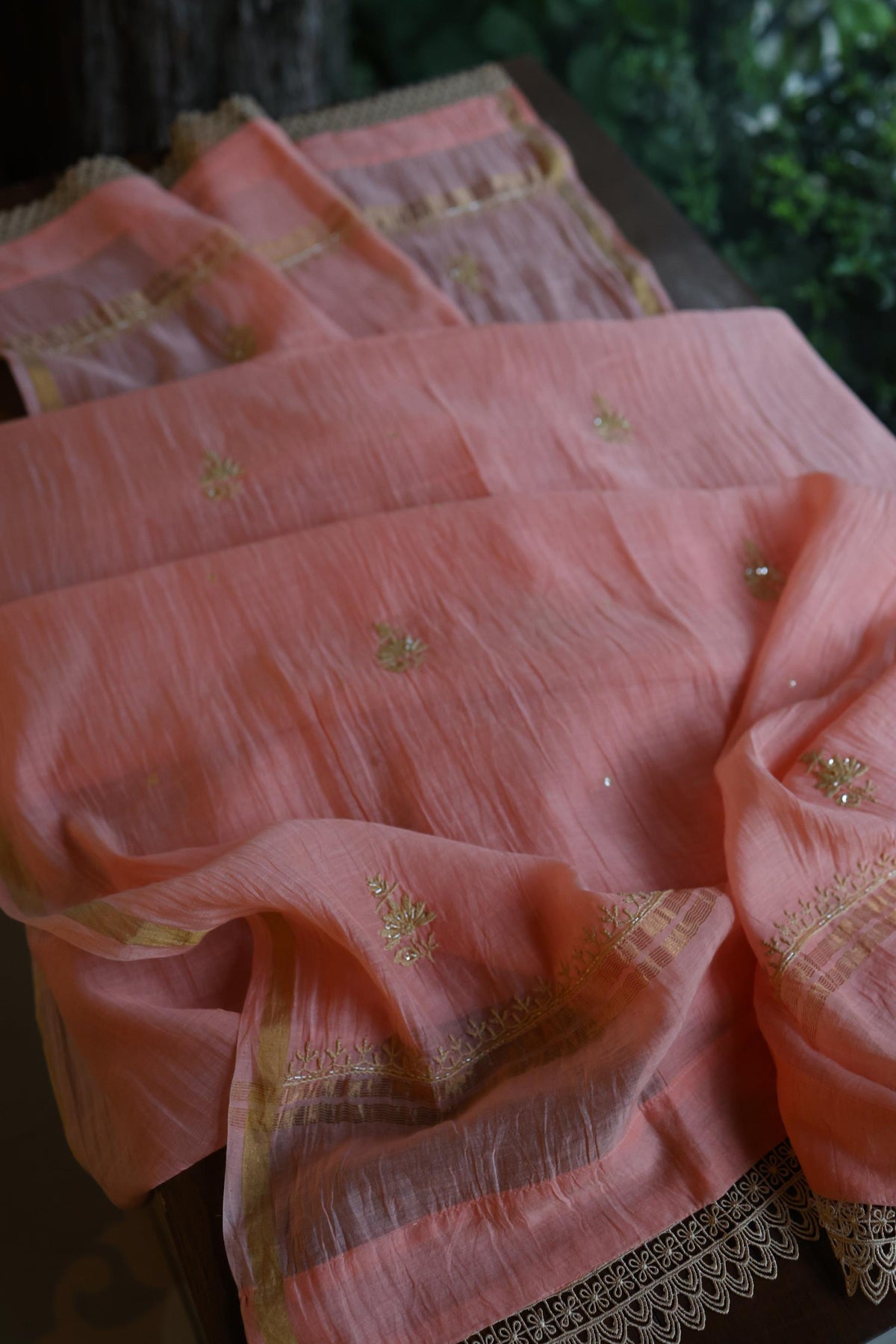 Peach Shade Sequins & Pearl Chikankari A-Line Kurta Set