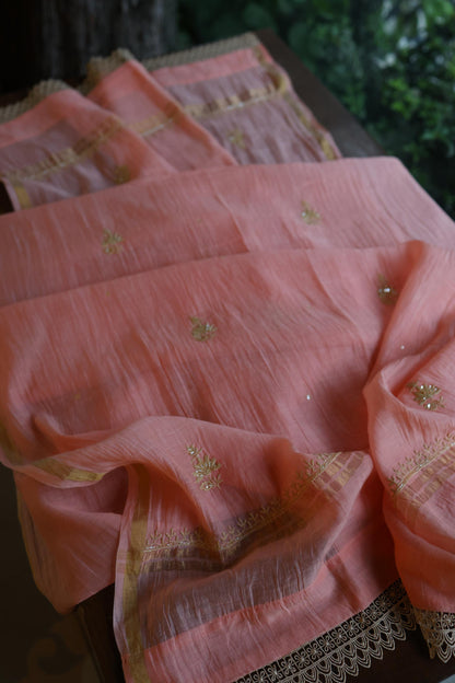 Peach Shade Sequins & Pearl Chikankari A-Line Kurta Set