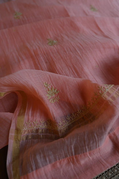 Peach Shade Sequins & Pearl Chikankari A-Line Kurta Set