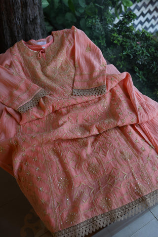 Peach Shade Sequins & Pearl Chikankari A-Line Kurta Set