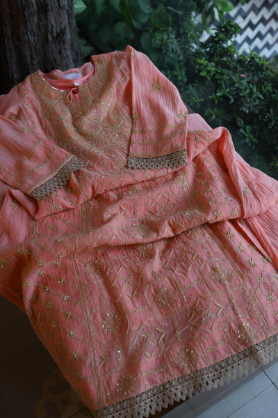 Peach Shade Sequins & Pearl Chikankari A-Line Kurta Set
