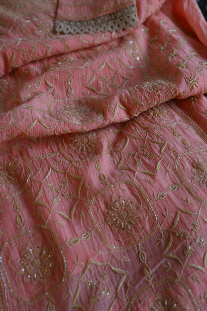 Peach Shade Sequins & Pearl Chikankari A-Line Kurta Set