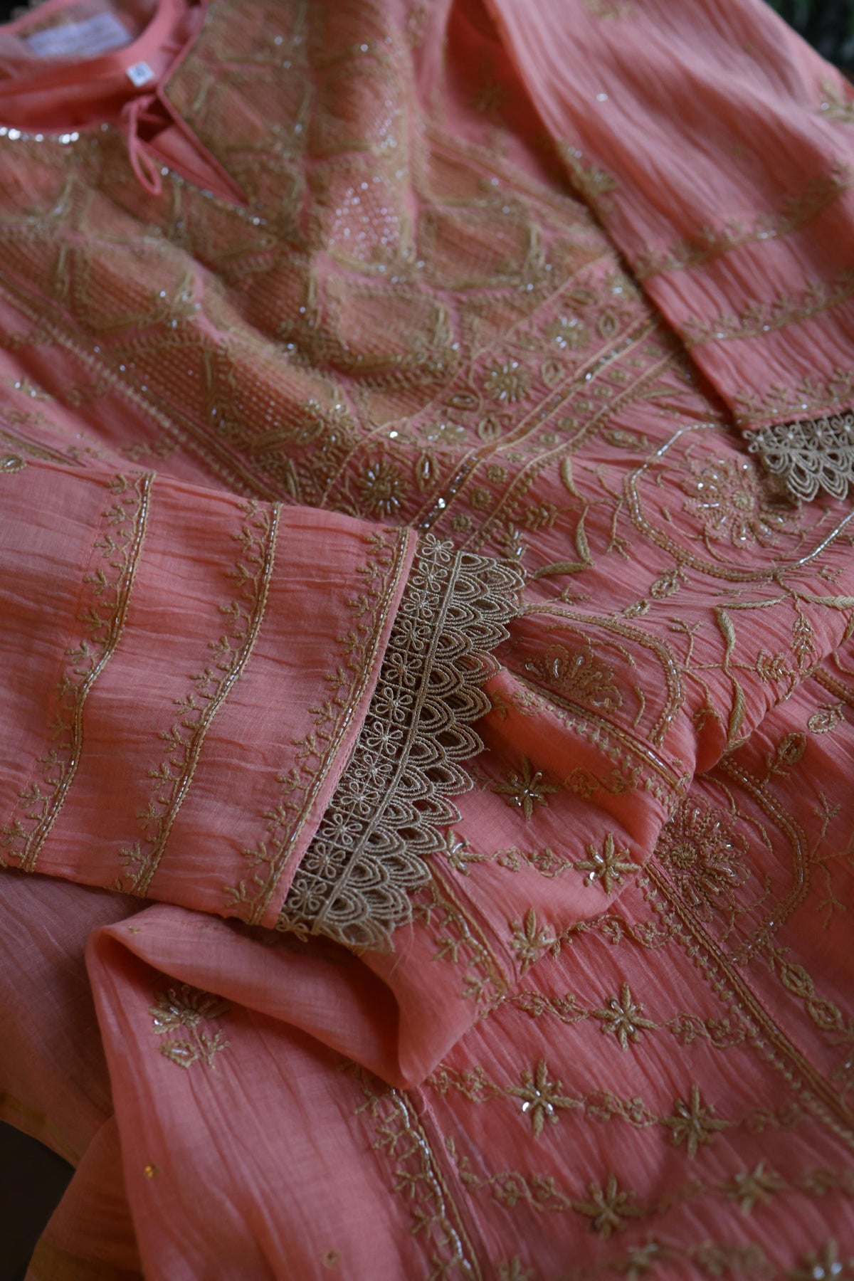 Peach Shade Sequins & Pearl Chikankari A-Line Kurta Set
