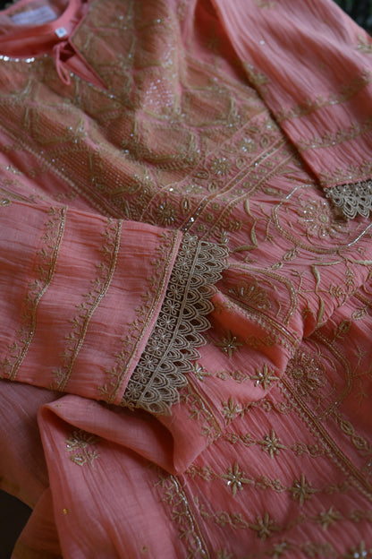 Peach Shade Sequins & Pearl Chikankari A-Line Kurta Set