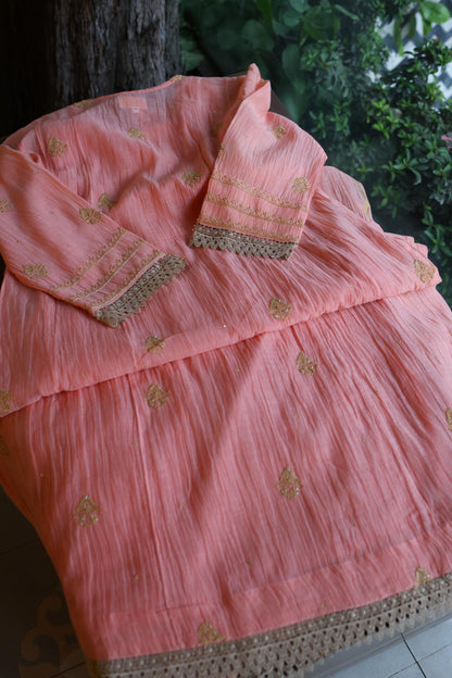 Peach Shade Sequins & Pearl Chikankari A-Line Kurta Set
