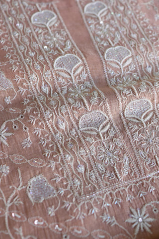 Peach Shade Silver Tissue Silk Chikankari Unstitched Fabric