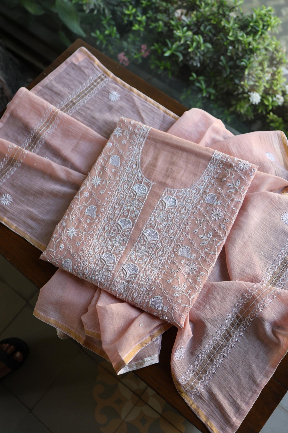 Peach Shade Silver Tissue Silk Chikankari Unstitched Fabric