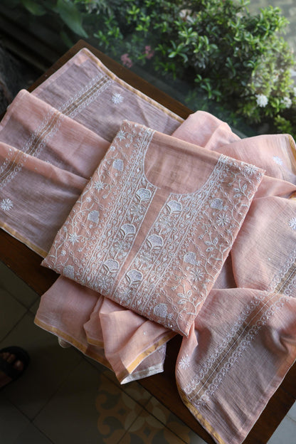 Peach Shade Silver Tissue Silk Chikankari Unstitched Fabric