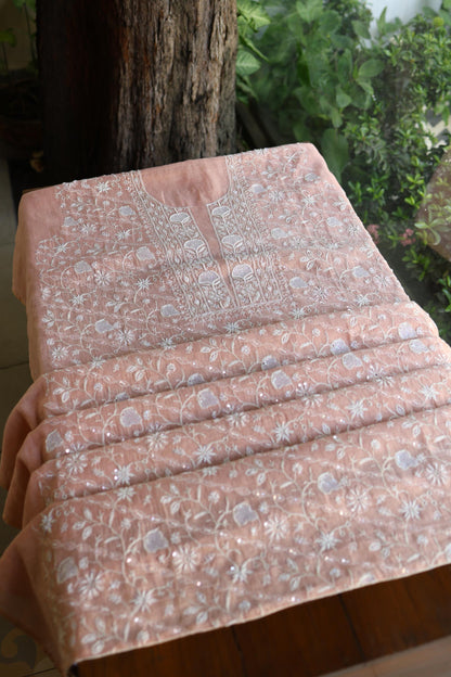 Peach Shade Silver Tissue Silk Chikankari Unstitched Fabric