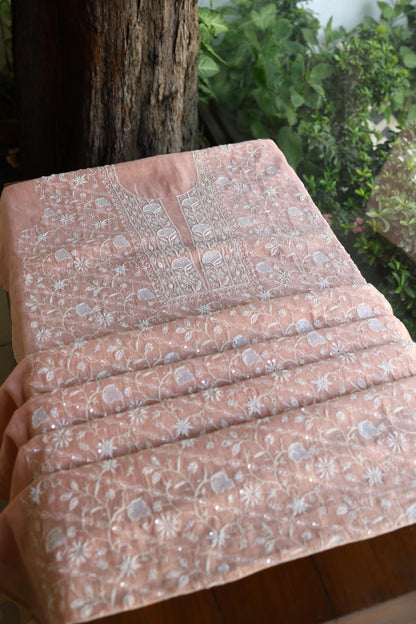 Peach Shade Silver Tissue Silk Chikankari Unstitched Fabric