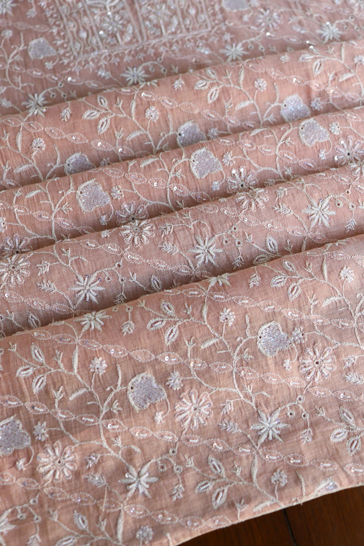 Peach Shade Silver Tissue Silk Chikankari Unstitched Fabric