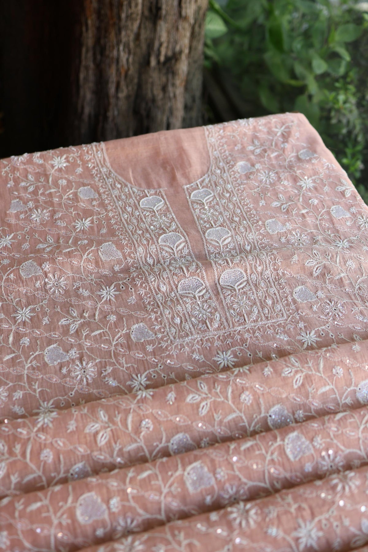 Peach Shade Silver Tissue Silk Chikankari Unstitched Fabric