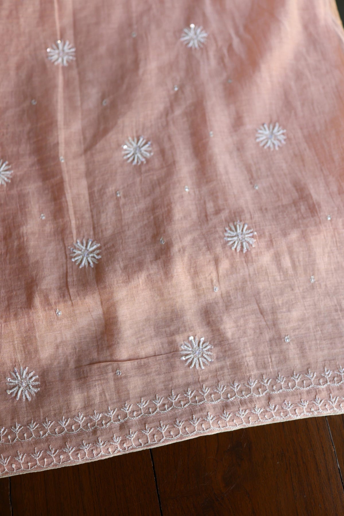 Peach Shade Silver Tissue Silk Chikankari Unstitched Fabric