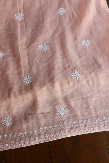 Peach Shade Silver Tissue Silk Chikankari Unstitched Fabric
