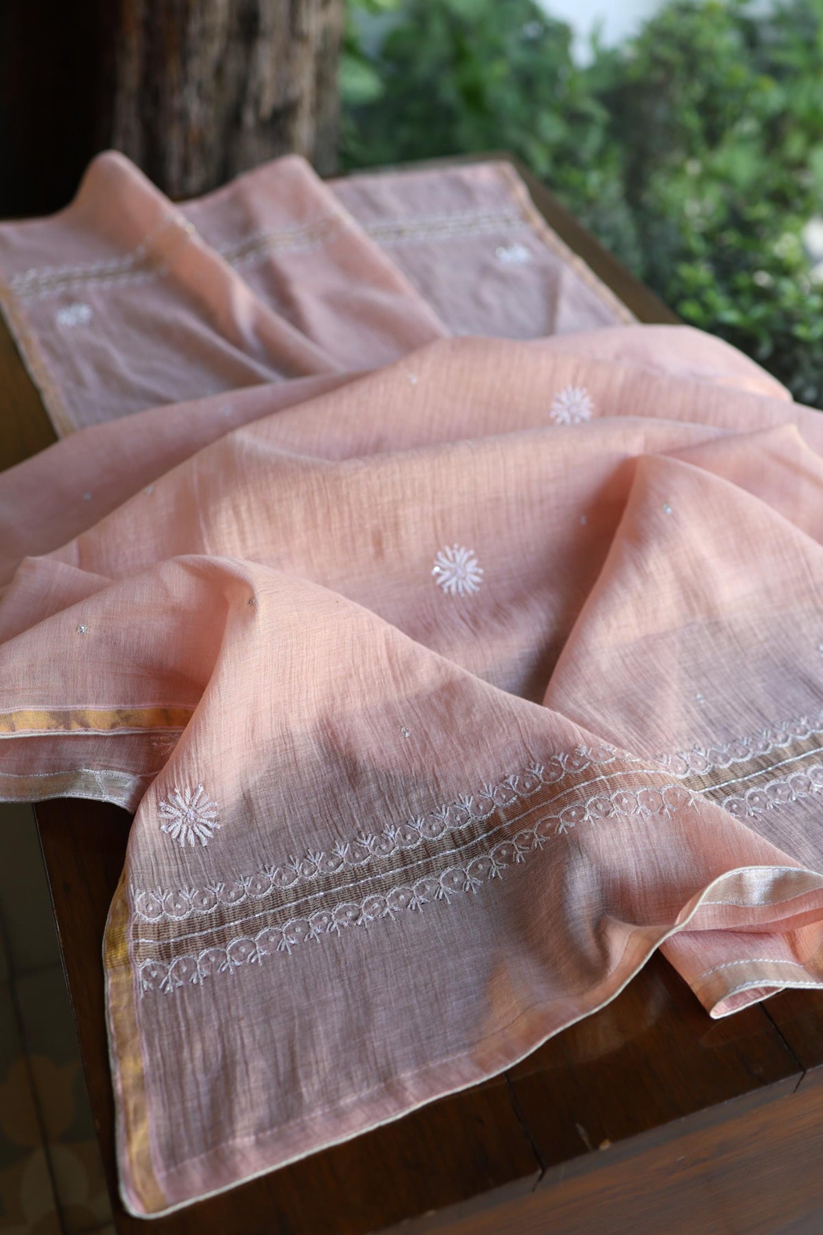 Peach Shade Silver Tissue Silk Chikankari Unstitched Fabric