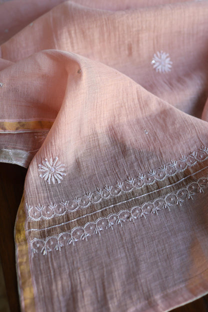 Peach Shade Silver Tissue Silk Chikankari Unstitched Fabric