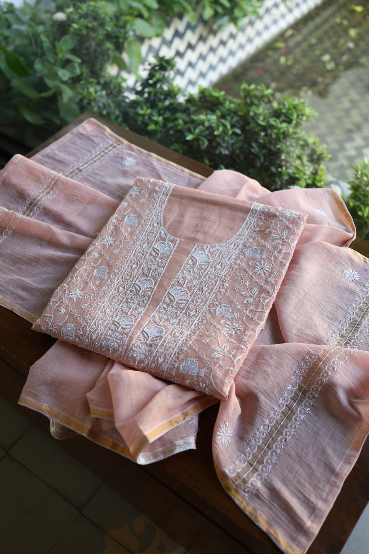 Peach Shade Silver Tissue Silk Chikankari Unstitched Fabric