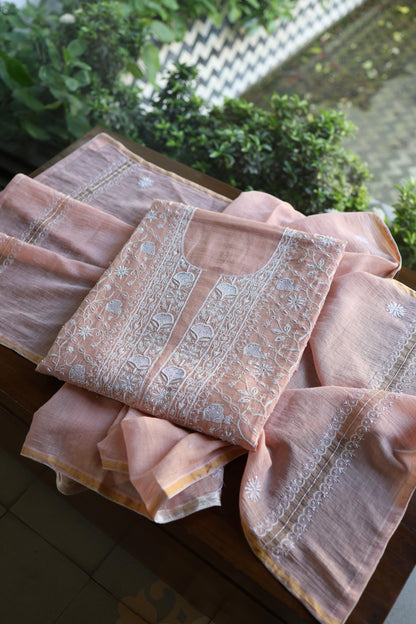 Peach Shade Silver Tissue Silk Chikankari Unstitched Fabric