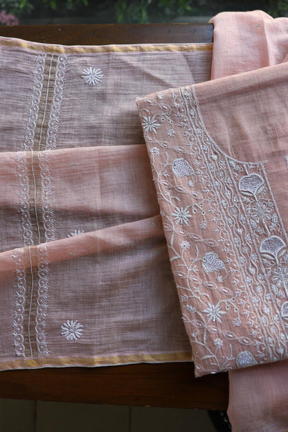 Peach Shade Silver Tissue Silk Chikankari Unstitched Fabric