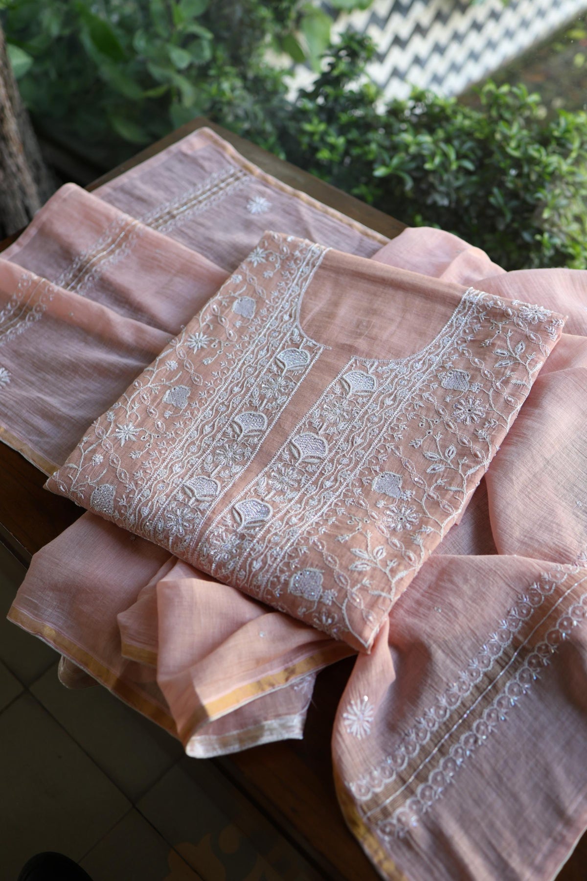 Peach Shade Silver Tissue Silk Chikankari Unstitched Fabric