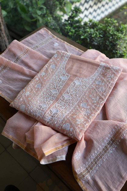 Peach Shade Silver Tissue Silk Chikankari Unstitched Fabric