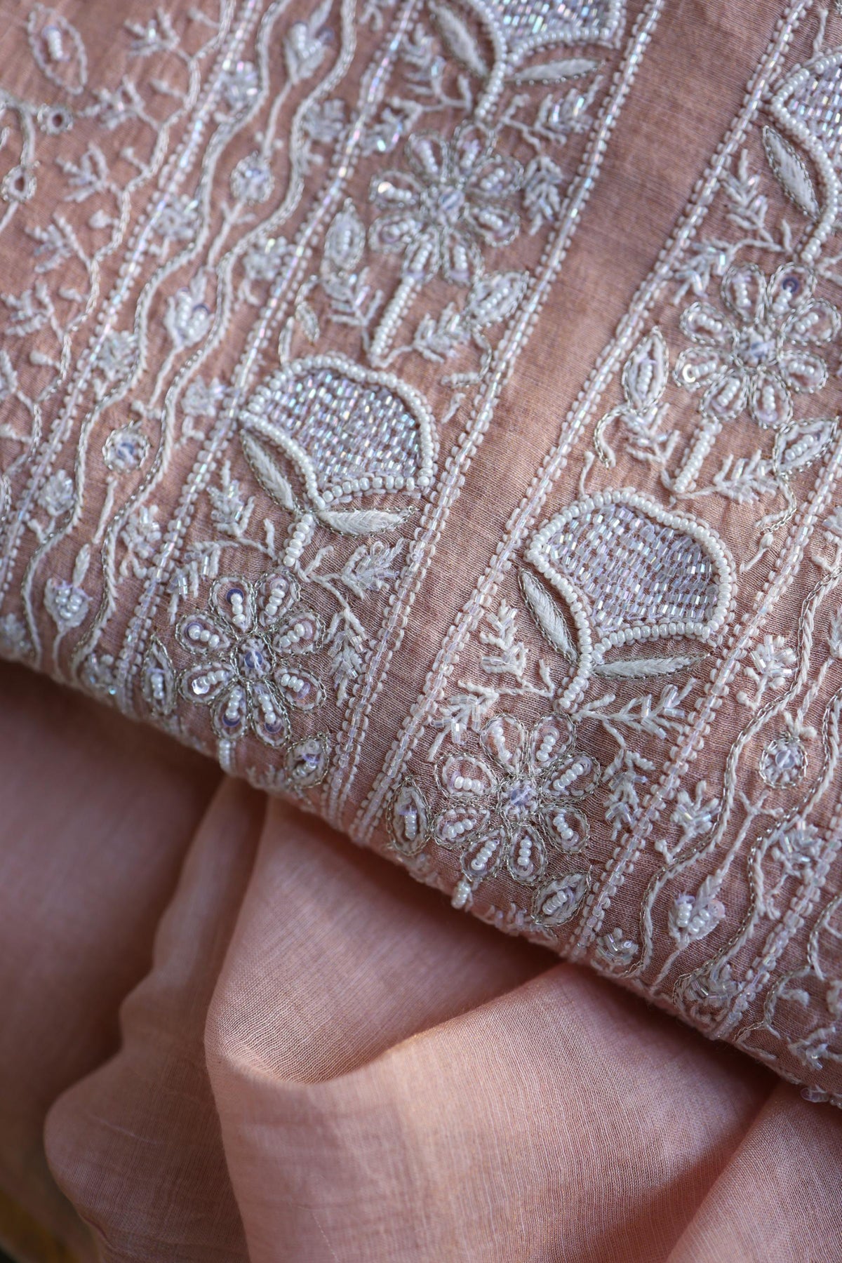 Peach Shade Silver Tissue Silk Chikankari Unstitched Fabric