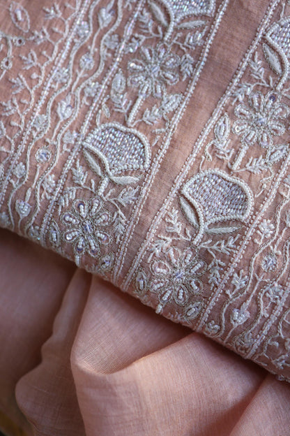 Peach Shade Silver Tissue Silk Chikankari Unstitched Fabric