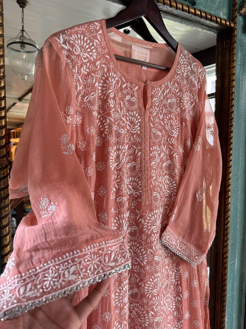 Peach Shade Tissue Silk Chikankari Straight Cut Kurta Dupatta Set