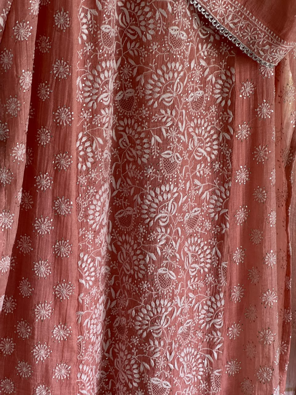 Peach Shade Tissue Silk Chikankari Straight Cut Kurta Dupatta Set